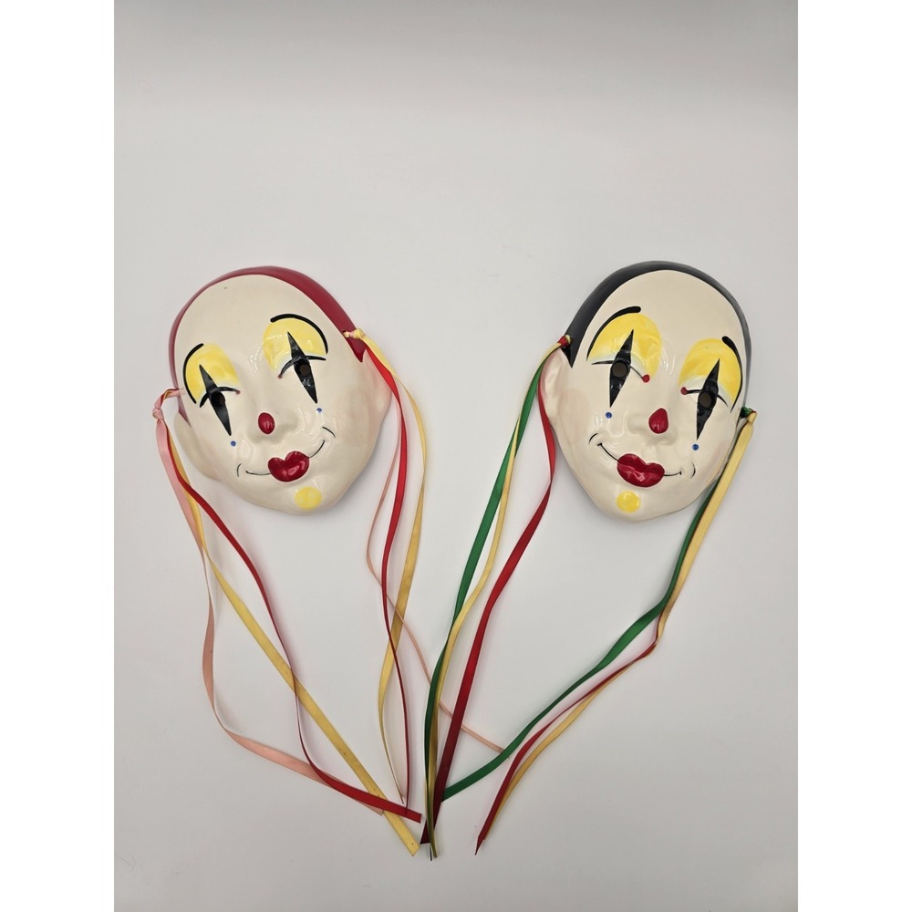 Vintage Pair Cast of Thousands 2 Ceramic Masks Clown Jester Red Black 1970s
